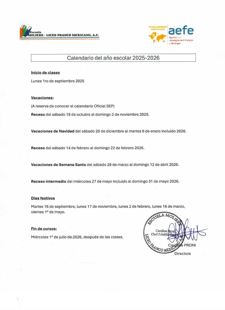 Calendario Escolar Moliere