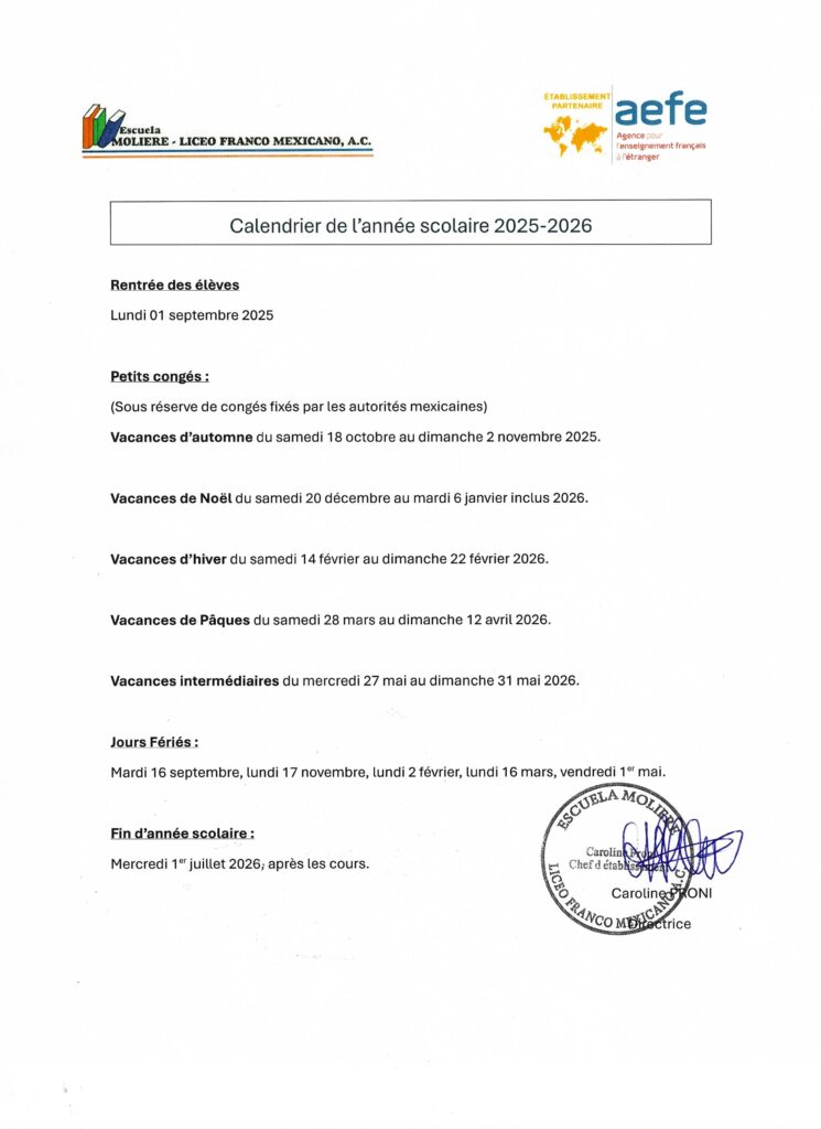 Calendrier Moliere